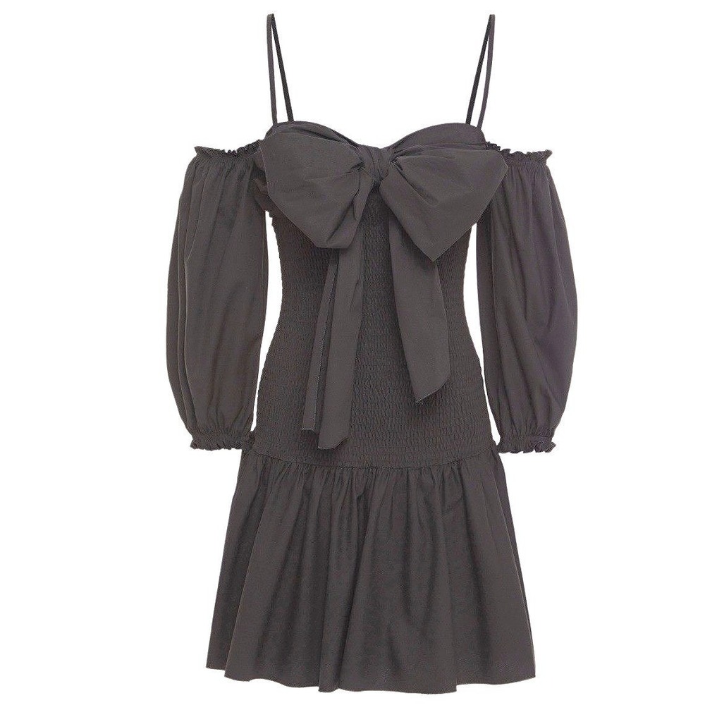 RED Valentino Black Cold-Shoulder Bow Smocked Stretch-Cotton Mini Dress